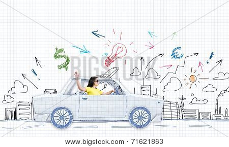 Young woman riding car made of list of paper