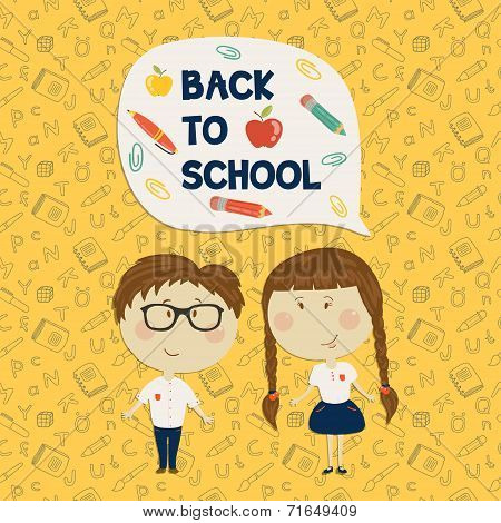 Young boy in glasses and little girl holding say back to school