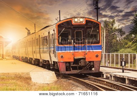 Diesel Engine Trains On Track Ways Station Against Beautiful Dusky Sky Use For Land Transport And Tr