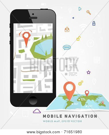 World Map. Mobile GPS Navigation. Mobile Phone. Mobile Technologies Concept. 