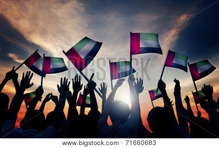 Group of People Waving Flag of UAE in Back Lit