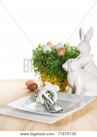Easter Table Setting With Bunny And Eggs Decoration