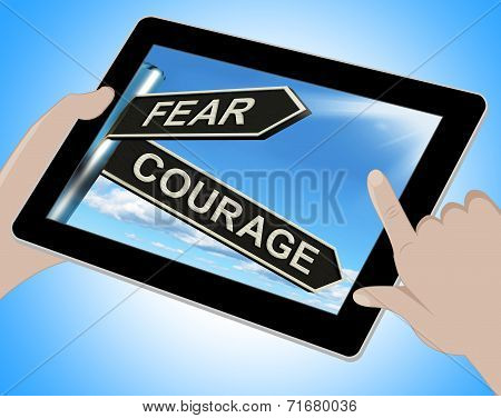 Fear Courage Tablet Shows Scared Or Courageous