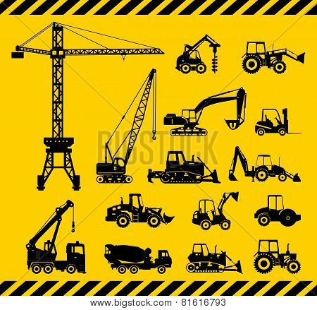 Set of heavy construction machines icons. Vector illustration
