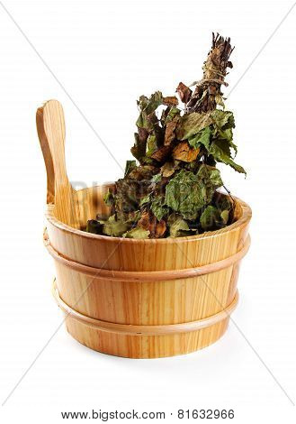 Sauna Accessories - Bucket With Birch Broom Isolated On White