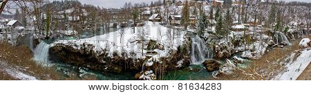 Rastoke Waterfalls Winter Panorama, Croatia