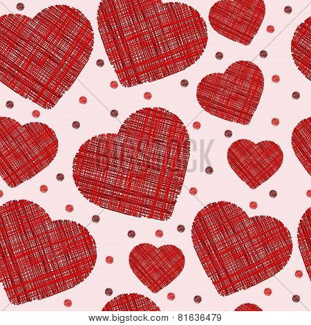 Seamless Scribbled Red Hearts Pattern. Vector Illustration
