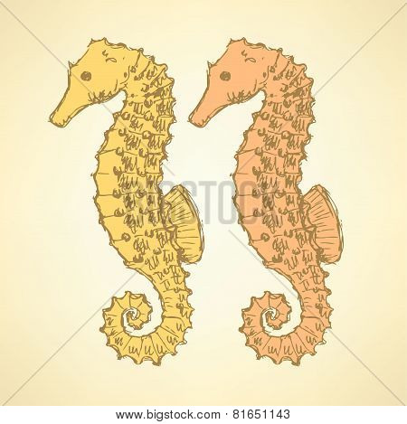 Sketch Cute Seahorse In Vintage Style