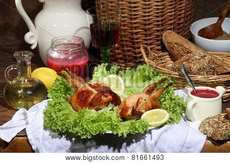 Has Sung Submitted With Wine, Cowberry Sauce And Leaves Of Fresh Salad