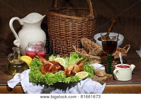 Has Sung Submitted With Wine, Cowberry Sauce And Leaves Of Fresh Salad