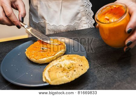 Pumpkin spread on a half bread