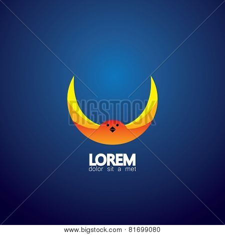 Vector Icon Of Beautiful Orange & Yellow Colored Bird With Wings Spread Up High Against A Blue Backg