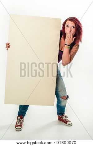 Young woman holding a blank white banner, ups