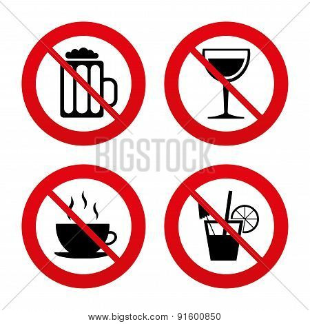 Drinks signs. Coffee cup, glass of beer icons.