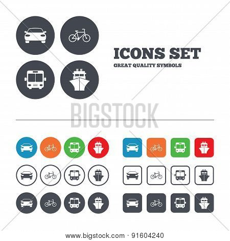 Transport icons. Car, Bicycle, Bus and Ship.