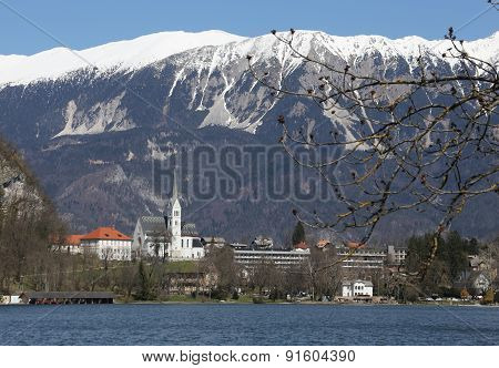 Church With Bell Tower On The Shore Of Lake Bled In Slovenia