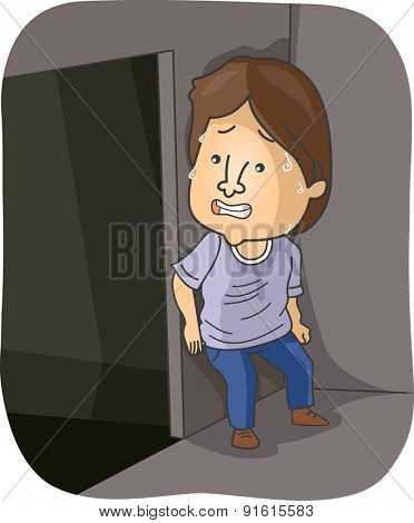 Illustration of a Man Sweating in Anxiety While Hiding Behind a Wall