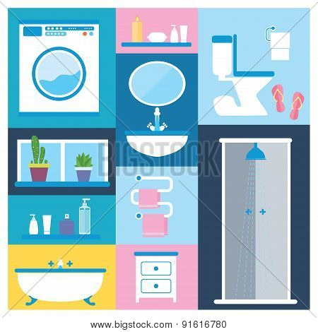 Bathroom furniture objects icons set with interior accessories for washing