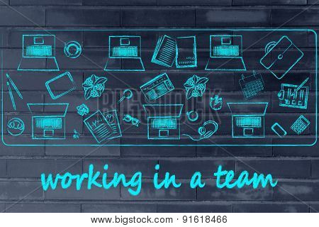 How To Successfully Work In A Team: Shared Desk With Laptops And Business Objects