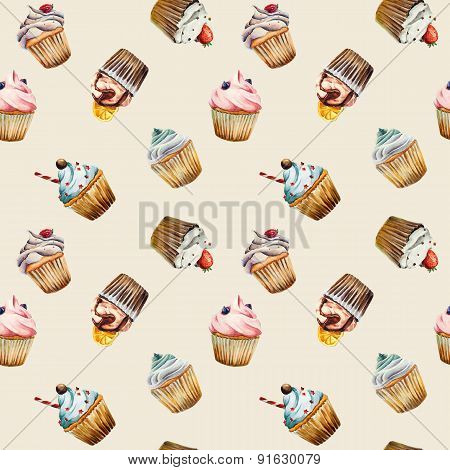 Watercolor cupcake seamless pattern