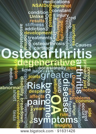 Background concept wordcloud illustration of osteoarthritis OA glowing light