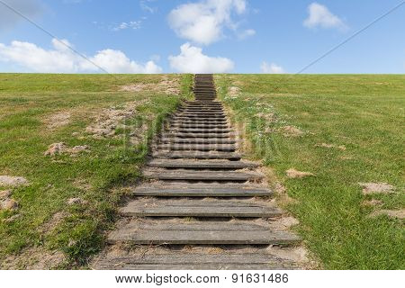 Wooden Stairs Upon Green Hill With Blue Sky
