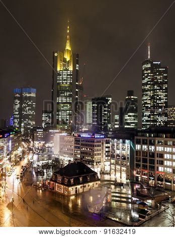 View To Skyline Of Frankfurt With Hauptwache And Skyscraper By Night