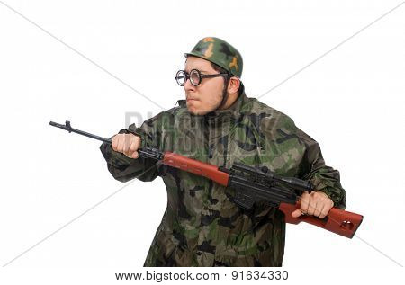 Military man with a gun isolated on white