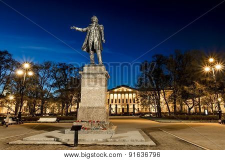 Monument To Alexander Sergeyevich Pushkin On Arts Square Of Saint-petersburg In The Evening Illumina