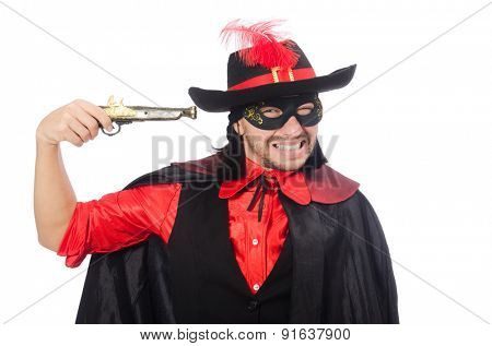 Young man in carnival coat with gun isolated on white