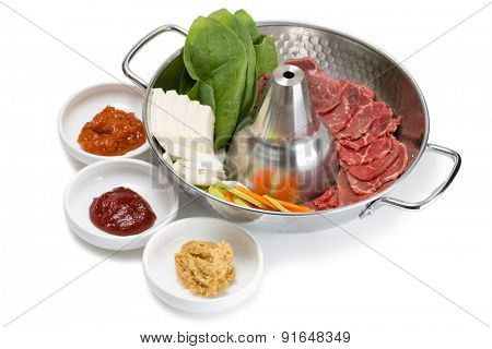 Shabu-shabu popular dish of thinly sliced raw fresh meat, vegetables and spicy sauces. From a series of Food Korean cuisine.