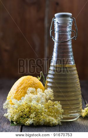 Homemade Elderflower Cordial On Wooden Background