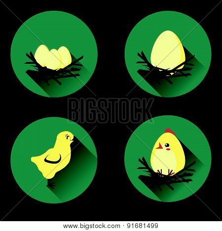 Set of icons in flat style with nest, egg and chicken