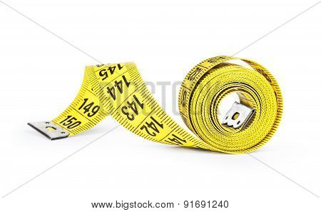 Yellow Tape Measure On Rolled Up On White Background