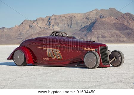WENDOVER, UT - AUGUST 9: High speed car on the Bonneville Salt Flats during Bonneville Speed Week on August 9, 2012 near Wendover, UT.