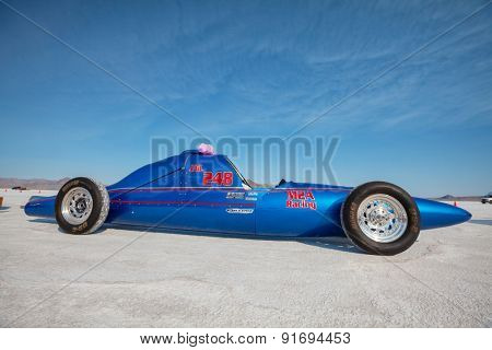 WENDOVER, UT - AUGUST 9: High speed car on the Bonneville Salt Flats during Bonneville Speed Week on August 9, 2012 near Wendover, UT.
