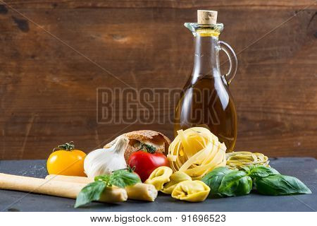 Selection Of Italian Tipical Food On Black Background