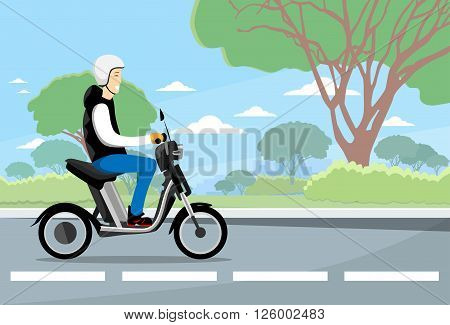 Man Ride Moped Electric Scooter, Motorcycle Wearing Hemlet Nature Background Flat Vector Illustration
