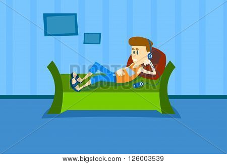 Casual Man Lie Couch Listen To Music Headphones Player Leisure Rest House Interior Flat Vector Illustration