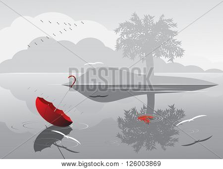 landscape gray and red color. The lake and a tree against gray clouds and a red umbrella