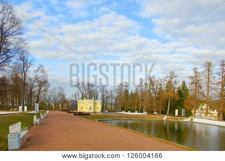 Upper Bath and Mirror Pond. Spring evening in Catherine park in Tsarskoye Selo