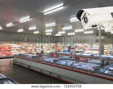 The CCTV Security Camera operating in the supermarket store blur background, CCTV Camera concept, CCTV Camera background, CCTV Camera idea, CCTV Camera copy space, CCTV Camera video.