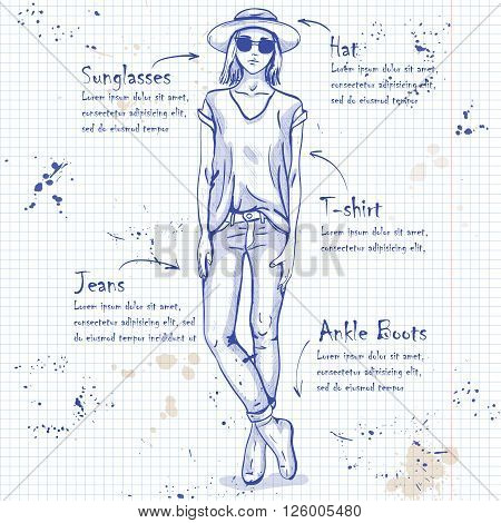 Trendy look on a notebook page. Glamor stylish beautiful young woman model.