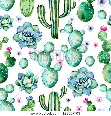 Seamless pattern with high quality hand painted watercolor cactus plants,succulents and purple flowers.Pastel colors,Perfect for your project,wedding,greeting card,photo,blog,wallpaper,pattern,texture