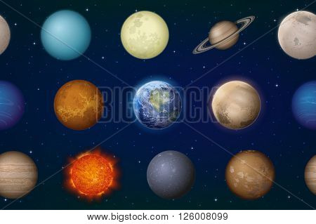 Space Seamless Background with Solar System Planets Sun, Earth, Moon, Mercury, Venus, Mars, Jupiter, Saturn, Uranus, Neptune, Pluto and Charon. Elements Furnished by NASA