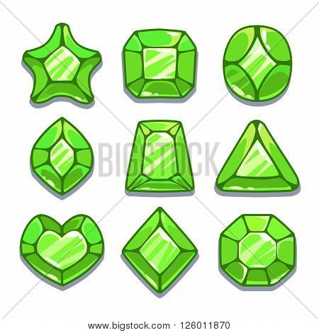 Cartoon green different shapes gems set, game ui assets,  isolated on white