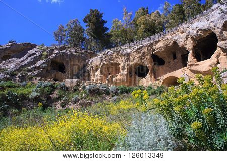 View of the Villaggio Bizantino also called the village in the rock Calascibetta. Sicily