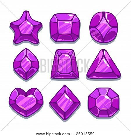 Cartoon purple different shapes gems set, game ui assets,  isolated on white