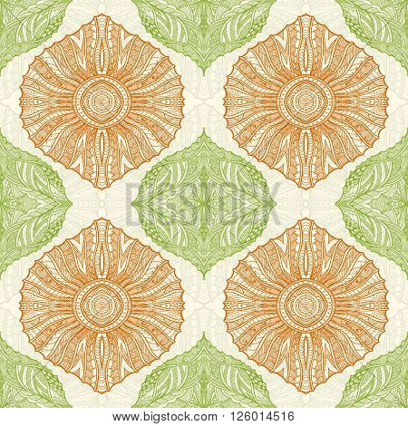 Seamless pattern in  Zen doodle or  Zen tangle  style green orange for wallpaper or for decorate package clothes  or different things