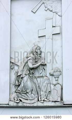 SAINT-PETERSBURG, RUSSIA - DECEMBER 2, 2015: Bas-relief repentant sinner on the wall of the Church of great martyr St Panteleimon the Healer in St. Petersburg